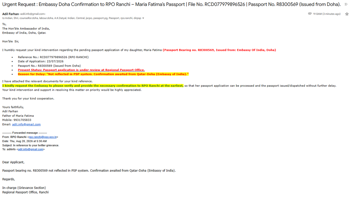 adil_farhan's tweet photo. @passportsevamea @MEAIndia @PMOIndia @rporanchi @MEAIndia @rporanchi @passportsevamea 
Urgent Request– @IndEmbDoha 
Kindly intervene in the pending passport renewal of my daughter, Maria Fatima (Passport No. R8300569).
File No.: RCD077979896526
Applied: 23/07/2026
RPO Ranchi: Confirmation awaited from Embassy of India, Doha. https://t.co/OqyUqZYF7L
