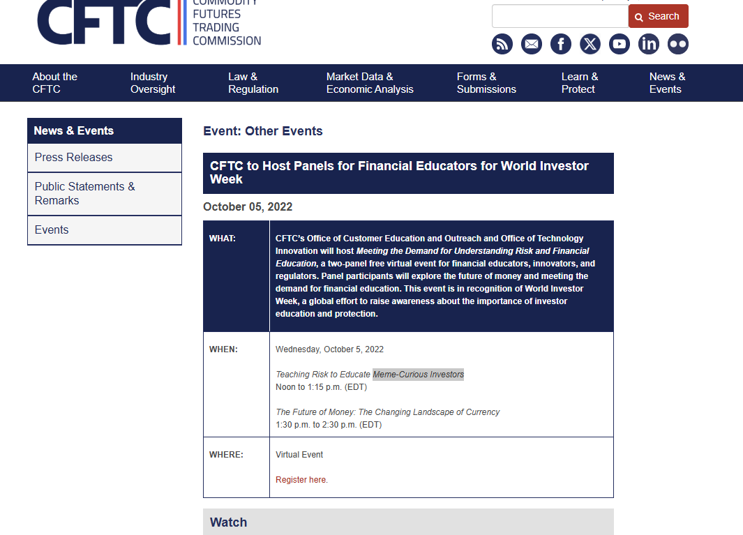 solgoodmanxx's tweet photo. Isn’t this crazy???

The CFTC is holding a meeting about crypto and financial education, but look at what they actually called normies:

“Meme-Curious Investors.”

That is literally on the CFTC’s own website.

They even have a section called “Teaching Risk to Educate Meme-Curious Investors.”

They really know who’s in the trenches.

https://t.co/ERvqsPwtVp