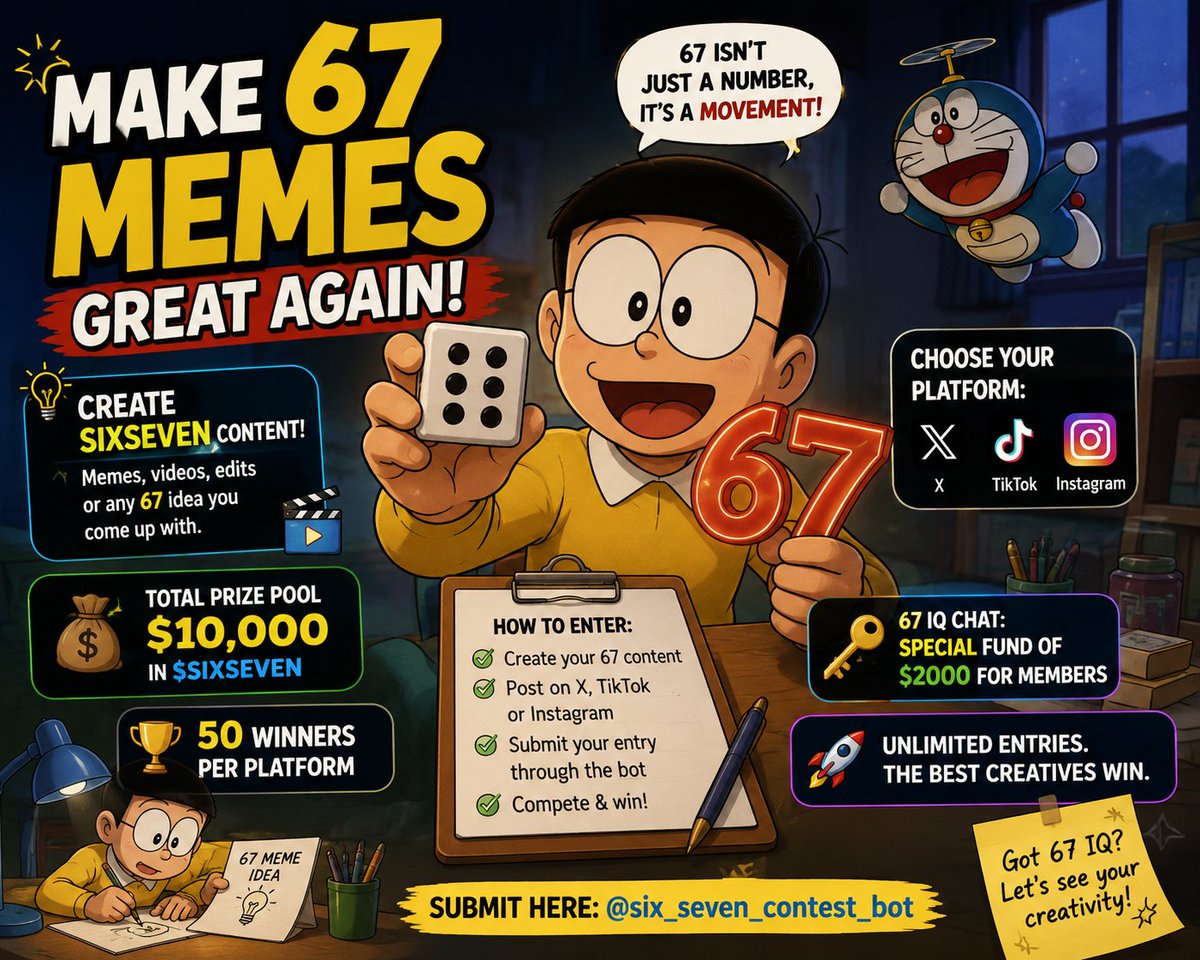 Legend451Crypto's tweet photo. MAKE 67 MEMES GREAT AGAIN!

SIXSEVEN content is officially calling the creatives. 

Got a wild @sixsevenapp meme, video, edit, or original idea? This is your chance to turn it into rewards. 

> Choose your platform: X, TikTok or Instagram
> Total Prize Pool: $10,000 in $SIXSEVEN
> 50 winners per platform
> 67 IQ CHAT: Special $2,000 fund for members
> Unlimited entries more creativity, more chances to win!

The mission is simple:
Create. Post. Enter. Compete. Win.

No boring rules. No limits on creativity. Just bring your best 67 energy. 🧠🔥

📩 Submit through: @six_seven_contest_bot

67 isn’t just a number. It’s a movement.

#67MAXXING