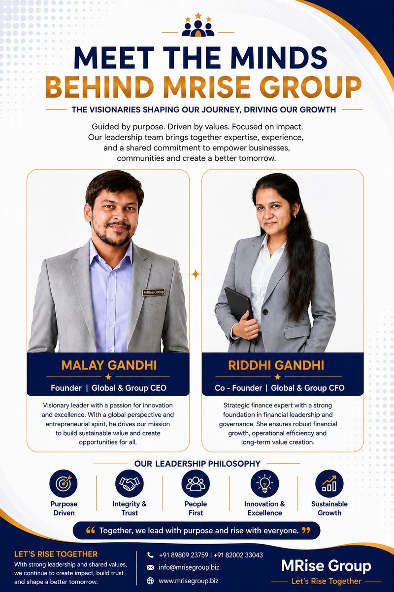 MriseGroup1's tweet photo. Meet the minds behind MRise Group — leading with purpose, strategy &amp; growth. 🚀

#MRiseGroup #Leadership #BusinessGrowth #BusinessStrategy #BusinessIntelligence #MeetPeople #MeetAndGreets 

@imalayjgandhi @iriddhigandhi https://t.co/nQNLJCNKc9