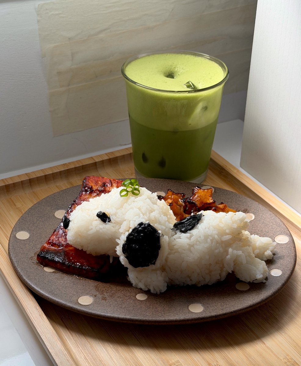 ka1pilled's tweet photo. snoopy rice with miso soy salmon, roasted pumpkin and matcha 🍵 https://t.co/MfTCaEnVWs
