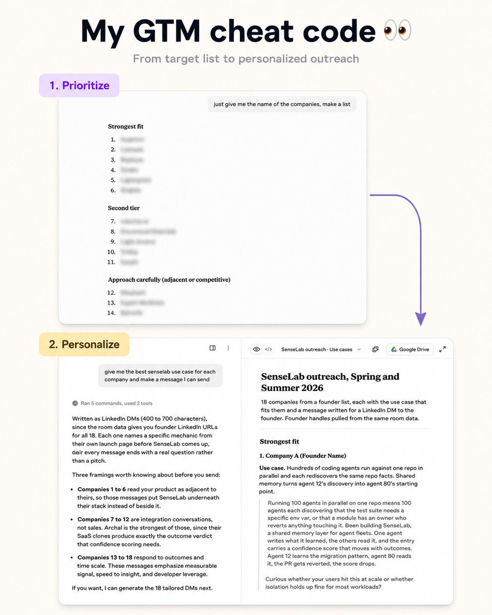 daimacedoa's tweet photo. I think I found a cheat code for founder-led GTM 👀

I put potential customers + everything I know about them into a SenseLab Room.

Now from Claude I can ask:
who’s a fit?
why?
what should I pitch?
write the outreach.

And it gets smarter as I use it.

Want access to this room? just comment ROOMS