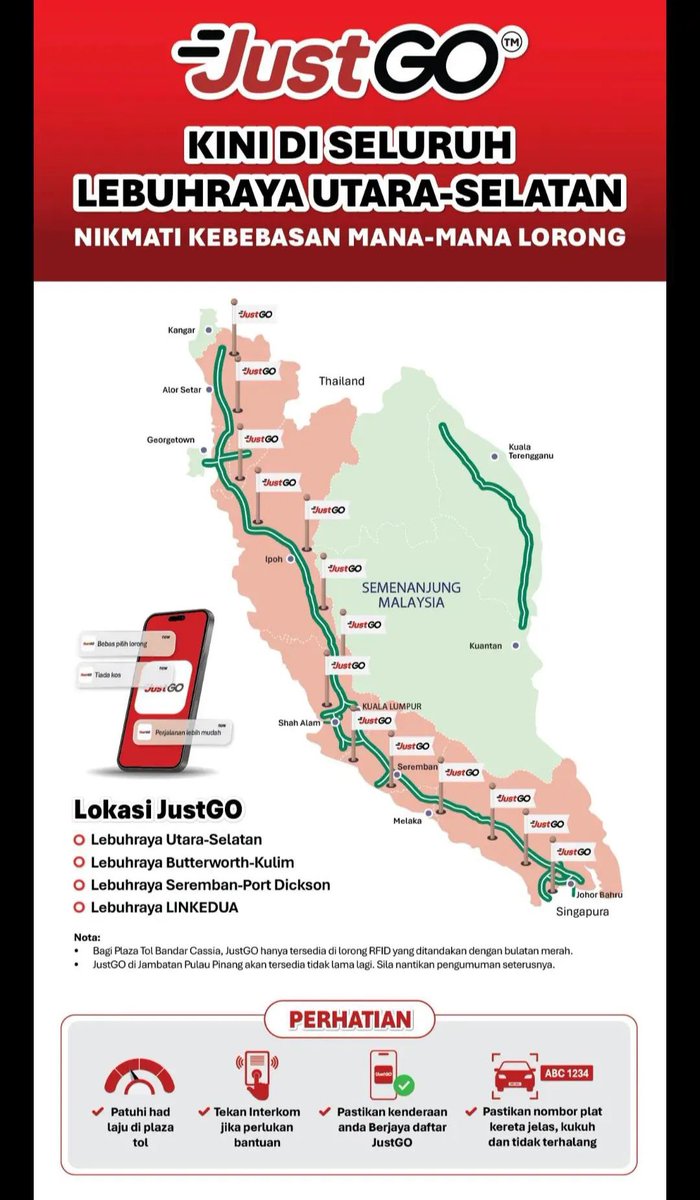 tech_lagi's tweet photo. JustGo kini tersedia di seluruh Lebuhraya Utara-Selatan.

Ia turut sokong 3 lebuhraya lain iaitu
1) Butterworth-Kulim
2) Seremban-Port Dickson
3) LINKEDUA

Ia merupakan sistem pembayaran tol terbuka berasaskan Sistem Pengecaman Nombor Plat (ANPR).

Mantap 👍🏻 https://t.co/swK8ptFbOV