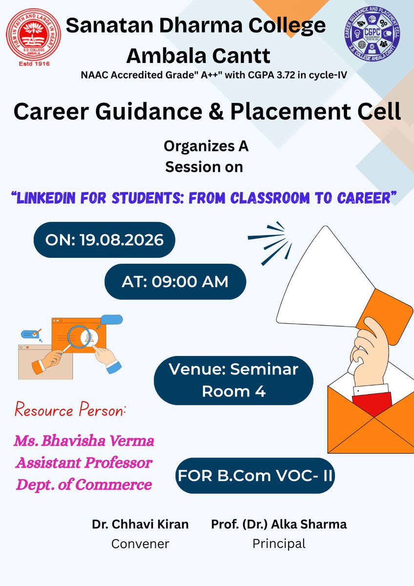 cgpcsdc's tweet photo. 🚀 From Classroom to Career! 💼✨

The Career Guidance &amp; Placement Cell, Sanatan Dharma College, Ambala Cantt organized a session on “LinkedIn for Students: From Classroom to Career”, featuring Ms. Bhavisha Verma, Assistant Professor, Dept. of Commerce, as the Resource Person. 🌐 https://t.co/y68xu53mHH