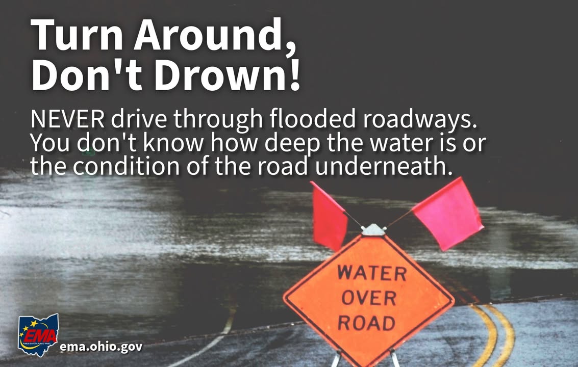 Ohio_EMA's tweet photo. Never drive through flooded roadways or around barricades.
Turn around, don't drown! 
For more information on flood safety, visit: https://t.co/7Lpni96VFV #OhioEMA https://t.co/WiA2e2v4Fw