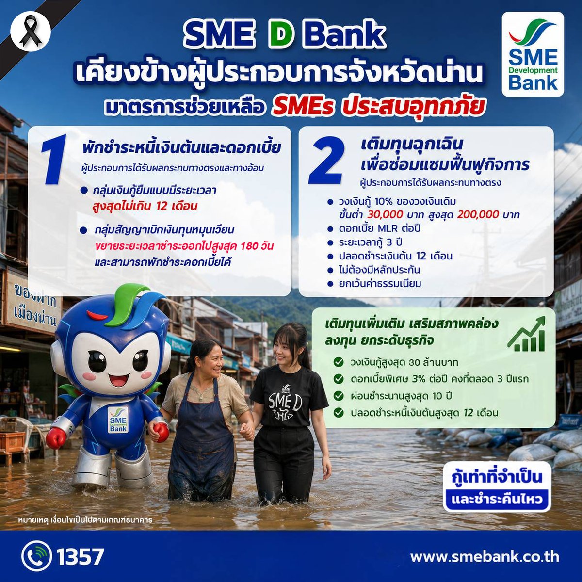 SplendorBiz's tweet photo. #SMEDBank ออกมาตรการด่วนช่วยเหลือ #เอสเอ็มอี จ.น่าน ประสบอุทกภัย ให้สิทธิ์พักชำระหนี้และเติมทุนฉุกเฉิน ช่วยลดภาระ ฟื้นฟูกิจการเดินหน้าได้โดยเร็ว #SMEs
.

อ่านต่อคลิก : https://t.co/LOcG80YeSB https://t.co/hylQkCrhuW
