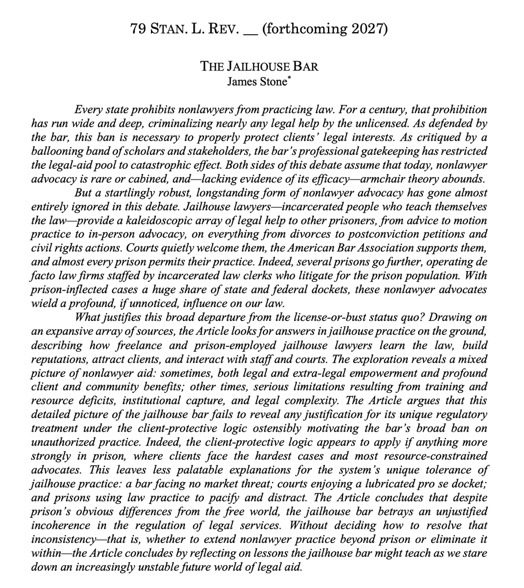 jdssound's tweet photo. Delighted to share my latest article, "The Jailhouse Bar." It's about how prisons regulate jailhouse lawyers, and the bar's surprising response. It's headed to @StanLRev 
in 2027 and will be my job talk paper this fall. Here's a recent draft: https://t.co/BVgoUQ6sxU. https://t.co/zr2oQudlow