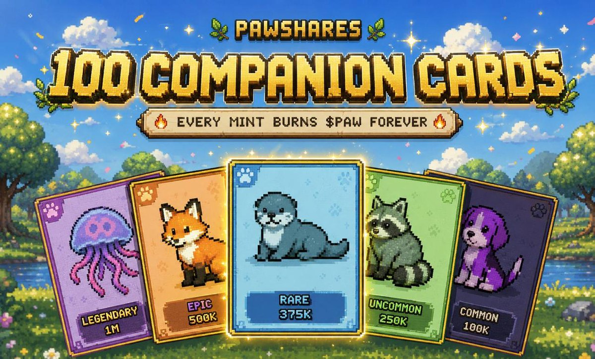 PawShares's tweet photo. We've created 100 your companion cards. Every single one a 1-of-1. 🐾

20 pets × 5 colorways - Classic, Sunset, Ocean, Meadow, Midnight. Once a card is minted, it's gone from the collection forever.

Minting burns $PAW:

🐾 Common - 100K
🌿 Uncommon - 250K
💎 Rare - 375K
🔮 Epic - 500K
👑 Legendary- 1M

No treasury. No re-lists. Supply only shrinks.

https://t.co/VLlJTrb7WW