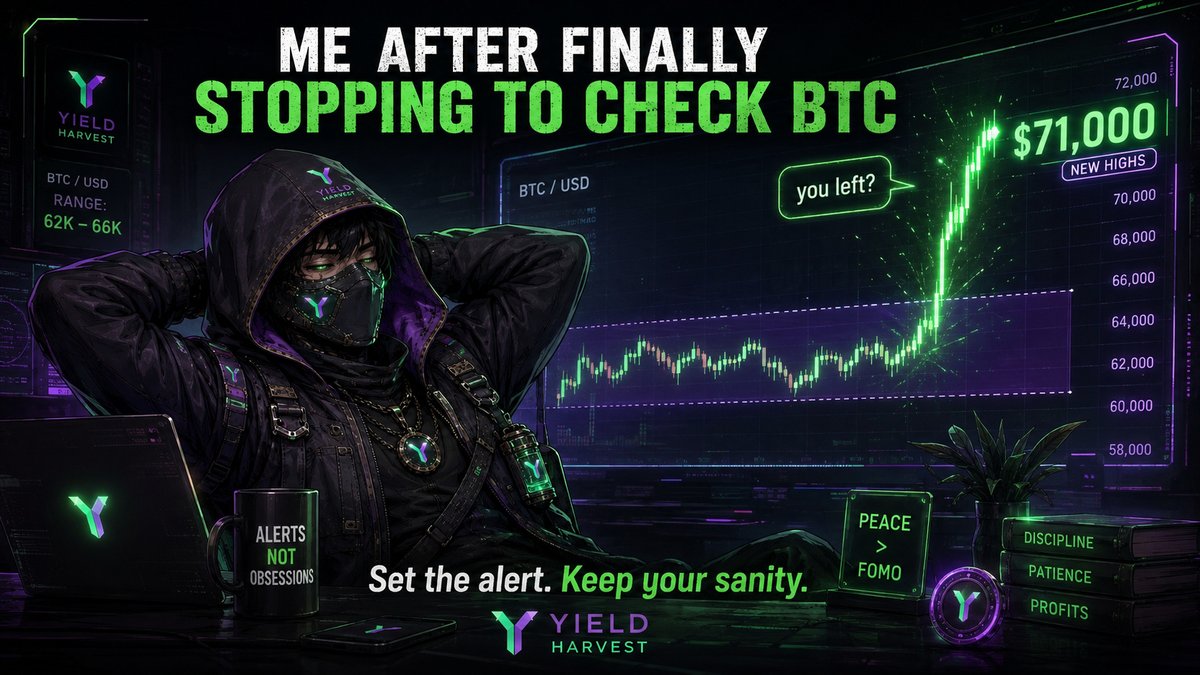 YieldHarvestApp's tweet photo. BTC spent weeks moving sideways.

The moment you stop checking every 5 minutes...
it breaks above $71K.
That’s crypto.

Constant refreshing doesn’t improve your timing.
Having a plan does.

Set the alert. Keep your sanity.
Do you check BTC less when the market gets quiet — or even more?

#Bitcoin #BTC #Crypto #YieldHarvest