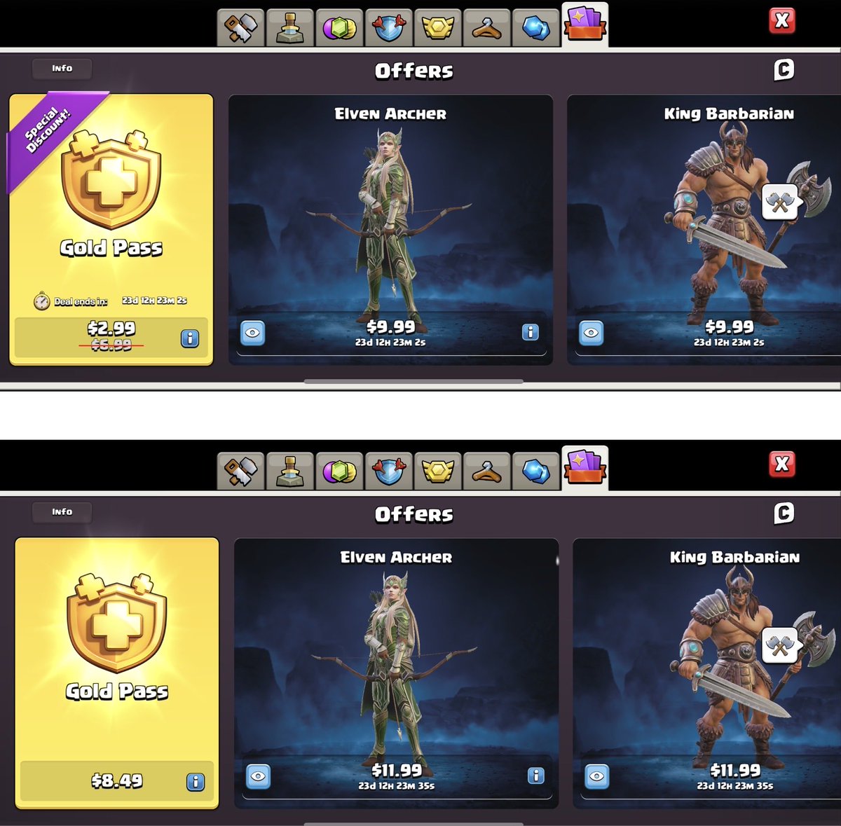 katecccccc's tweet photo. @ClashofClans Regional pricing and discounts for F2P players are understandable
Charging players in the same country different prices based on their spending history is not
There are now three tiers: $2.99 for F2P players, $6.99 for everyone else, and $8.49 for those who actually spend money https://t.co/IUoLnoRHaN