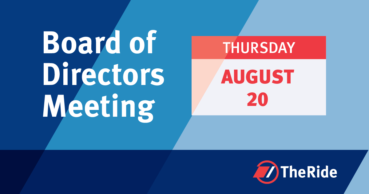 CatchTheRide's tweet photo. TheRide's Board of Directors monthly meeting is today, Thursday, August 20 at 6:00 p.m. Learn details here: https://t.co/h3cI8OEitT https://t.co/4uK79WqIRi