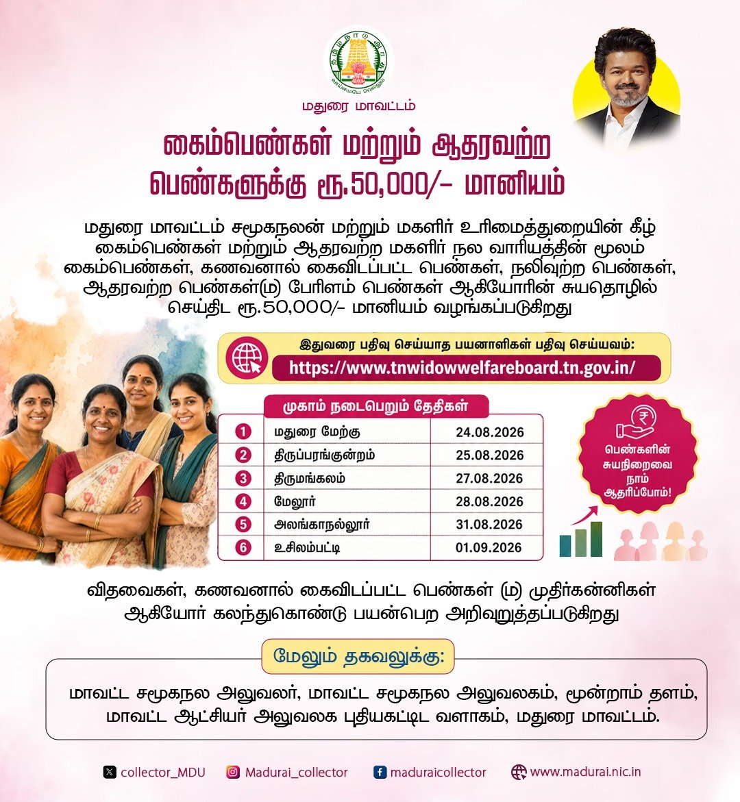 Collector_MDU's tweet photo. கைம்பெண்கள் மற்றும் ஆதரவற்ற பெண்களுக்கு ரூ.50,000/- மானியம்
@CMOTamilnadu @TNDIPRNEWS https://t.co/RuVUbJeL9F
