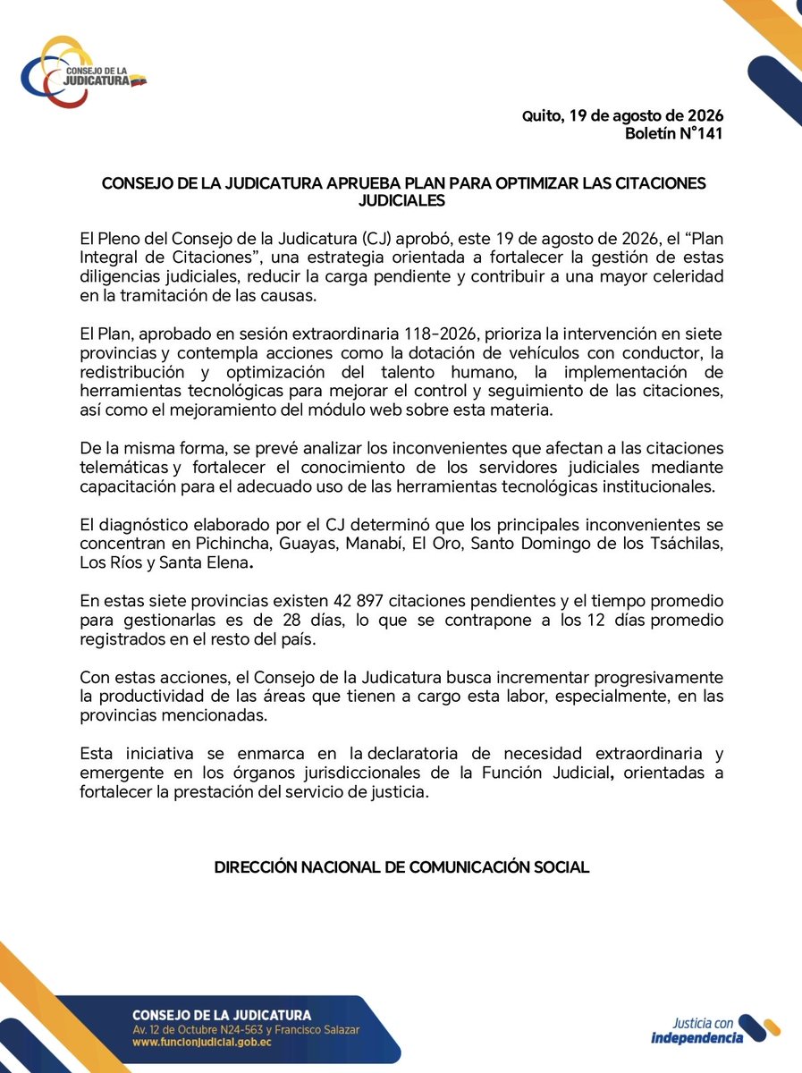Infomedia593's tweet photo. 📢 Comunicados Importantes del Consejo de la Judicatura
1) Llegó «Adila», la Nueva Asistente Virtual
2) Plan Para Mejorar las Citaciones Judiciales
Detalles en los archivos adjuntos
#infomedia #Guaranda #Bolívar #ConsejoDeLaJudicatura
@CJudicaturaEc @BolivarCJ @mechascaicedo https://t.co/ggl3HLLjtv