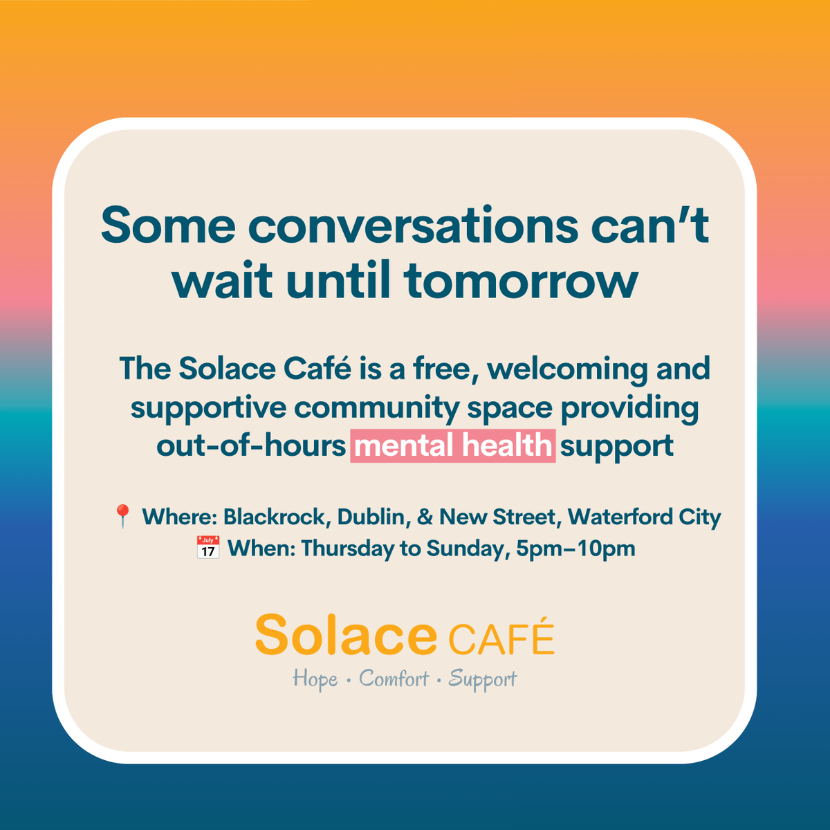Aware's tweet photo. The Solace Café is a free &amp; welcoming community space providing out-of-hours mental health support 🌟 https://t.co/NNR4aCMtpx

📍Blackrock, Dublin, &amp; New Street, Waterford City
📅 Thurs-Sun, 5–10pm

Solace Café aligns with Sharing the Vision: A Mental Health Policy for Everyone. https://t.co/RoUvyY8376