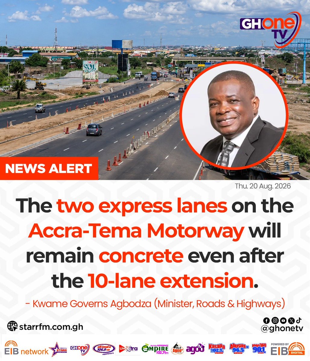 ghonetv's tweet photo. The two express lanes on the Accra-Tema Motorway will remain concrete even after the 10-lane extension... - Kwame Governs Agbodza (Minister, Roads &amp; Highways)

#EIBNetwork #GHOneTV 
#GHOneNews #NewsAlert https://t.co/L8BGFn36wR