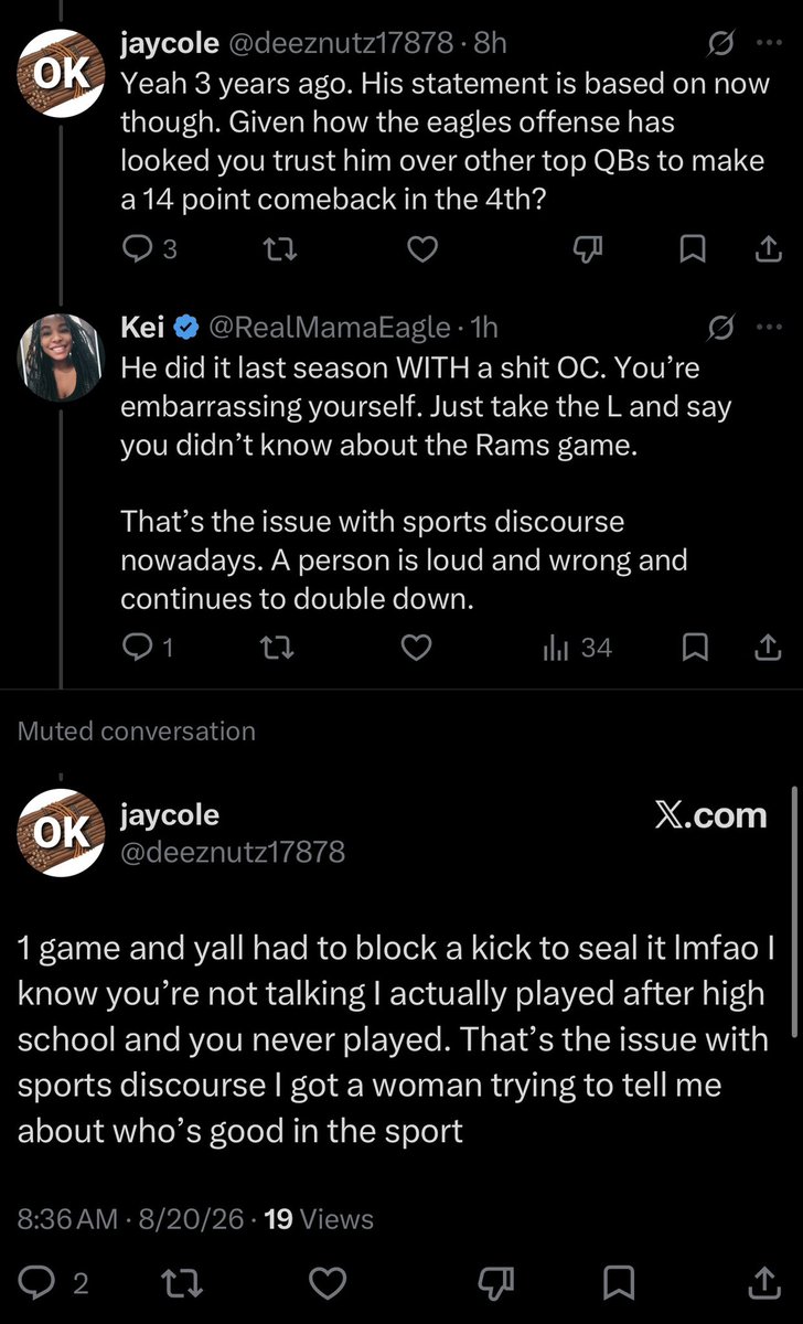 RealMamaEagle's tweet photo. Folks can’t just say “I was wrong.” 

Gotta let their fragile egos get to them then go the misogyny route. 

“Knows more about sports than a woman” but didn’t even know the Rams game happened last season. 😂 https://t.co/dnFnmjMQRq