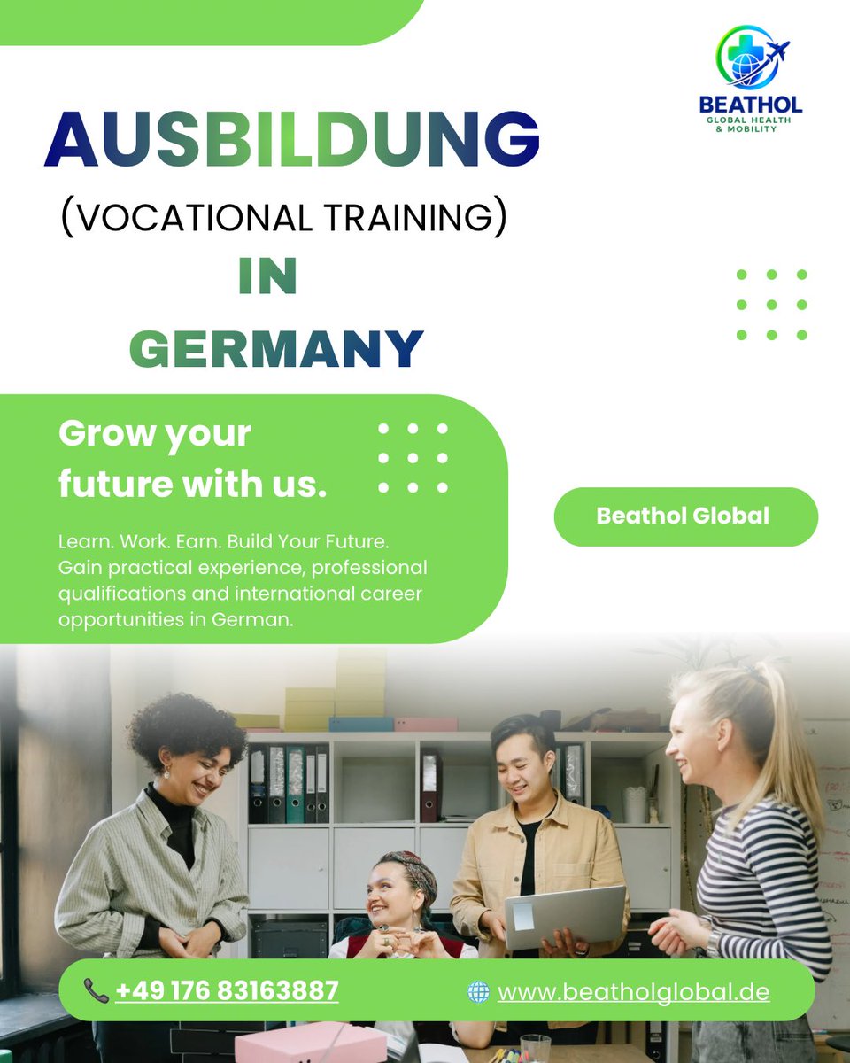 Beathol_Global's tweet photo. Ausbildung is Germany’s vocational training pathway, combining practical work in a company with theoretical learning at a vocational school. It is a great option for people who want to build a professional career while gaining real workplace experience. 

Build Your Future. https://t.co/0hFhx0w2Bd