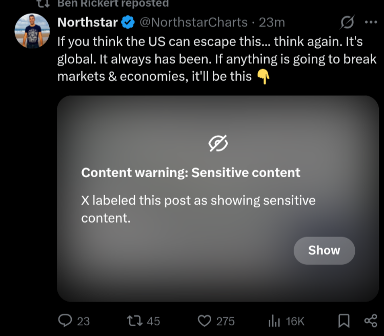 rnair_'s tweet photo. @NorthstarCharts lol, glad x has trigger warnings to protect bond traders https://t.co/2Qcxa1t2xG