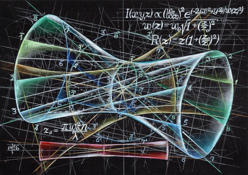 Geometrical construction of the hyperboloid-shaped envelope of a Gaussian beam. Orthographic projection, traditional descriptive geometry. Colored pencils on black paper, by elkement.art 2026.