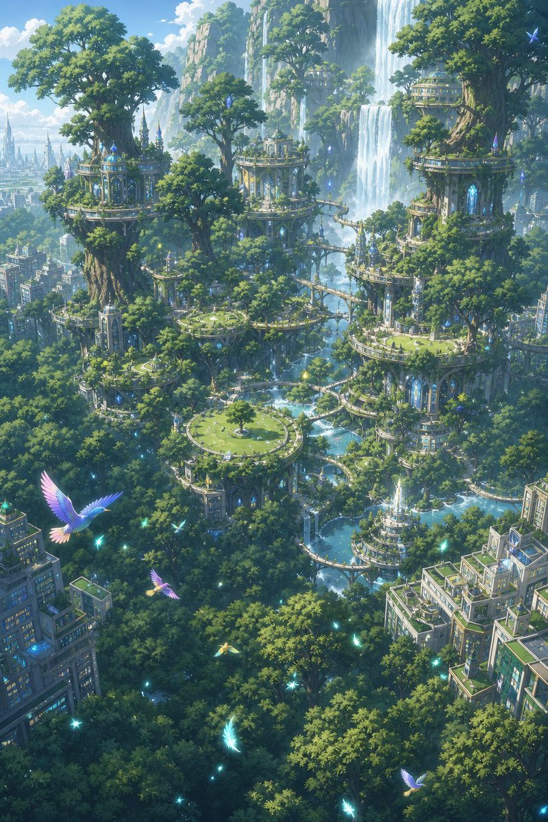 LofivibesbyGZU's tweet photo. Above the city, ancient trees cradle gardens among their branches while waterfalls drift through the morning mist. Even the luminous birds seem in no hurry to leave this peaceful corner of the world. 🌿🪽✨

#AnimeArt #FantasyArt #DigitalArt #FantasyLandscape #MagicalNature #FantasyWorldbuilding