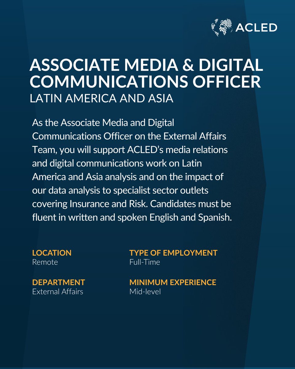 ACLEDINFO's tweet photo. 🚨 ACLED IS HIRING!

We’re looking for an Associate Media & Digital Communications Officer to join our External Affairs team.
📍 Remote | Full-time | 6-month contract
🌎 Focus: Latin America & Asia
🗣️ Fluent English and Spanish required

Interested? Head to https://t.co/9FIqts8gbx learn more about the role and apply.