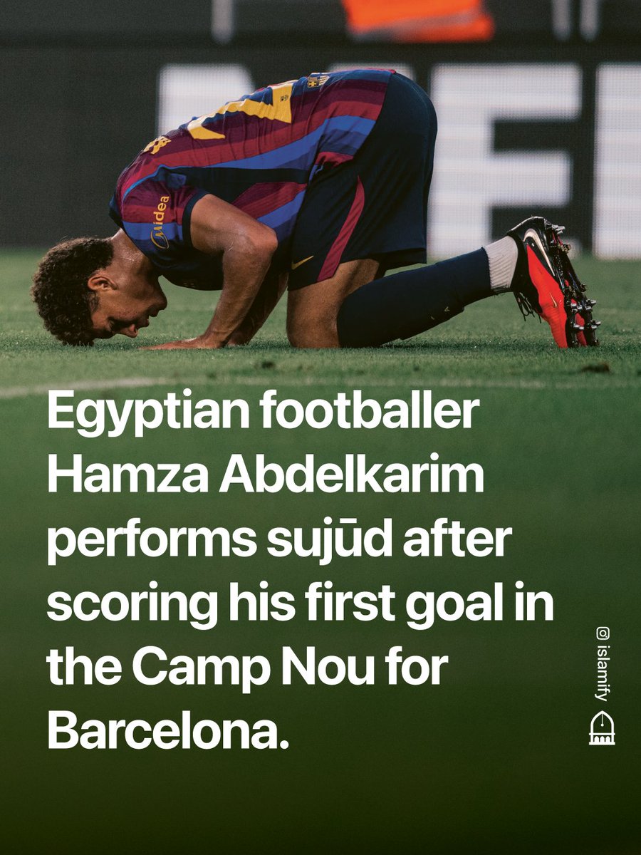 Alhamdhulillaah's tweet photo. Hamza Abdelkarim performed sujūd after scoring his first goal in the Camp Nou for Barcelona. 

The Egyptian international also scored two goals on his first-team debut for the Catalan club last month. https://t.co/0a2RjA6YPm