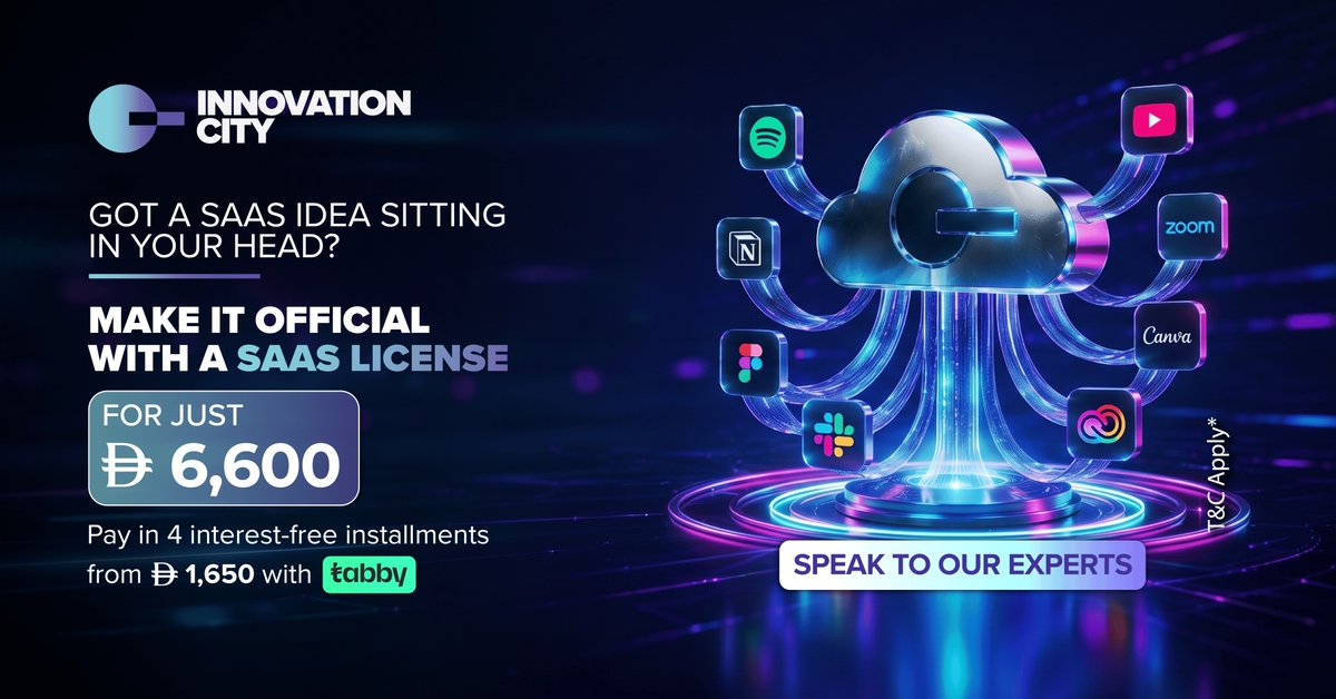InnovationCityX's tweet photo. Have a SaaS idea ready to launch? 

Turn it into a UAE business with a dedicated SaaS license from Innovation City, starting at AED 6,600. 

Pay in 4 interest-free installments from AED 1,650 with Tabby. 

Speak to our experts to get started.
