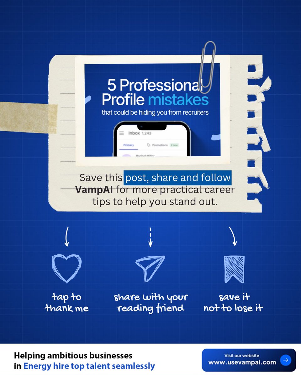 usevampai's tweet photo. Your professional profile could be hiding you from recruiters without you realizing it. 

From a weak headline to missing keywords and proof of your skills, small profile mistakes can cost you opportunities. Make your profile work for you.

Ready to make your profile recruiter ready? 
👉 Sign up on VampAI and position yourself for your next opportunity. 

https://t.co/lsawd6tieP 

#CareerTips #JobSearch #ProfessionalBranding #VampAI