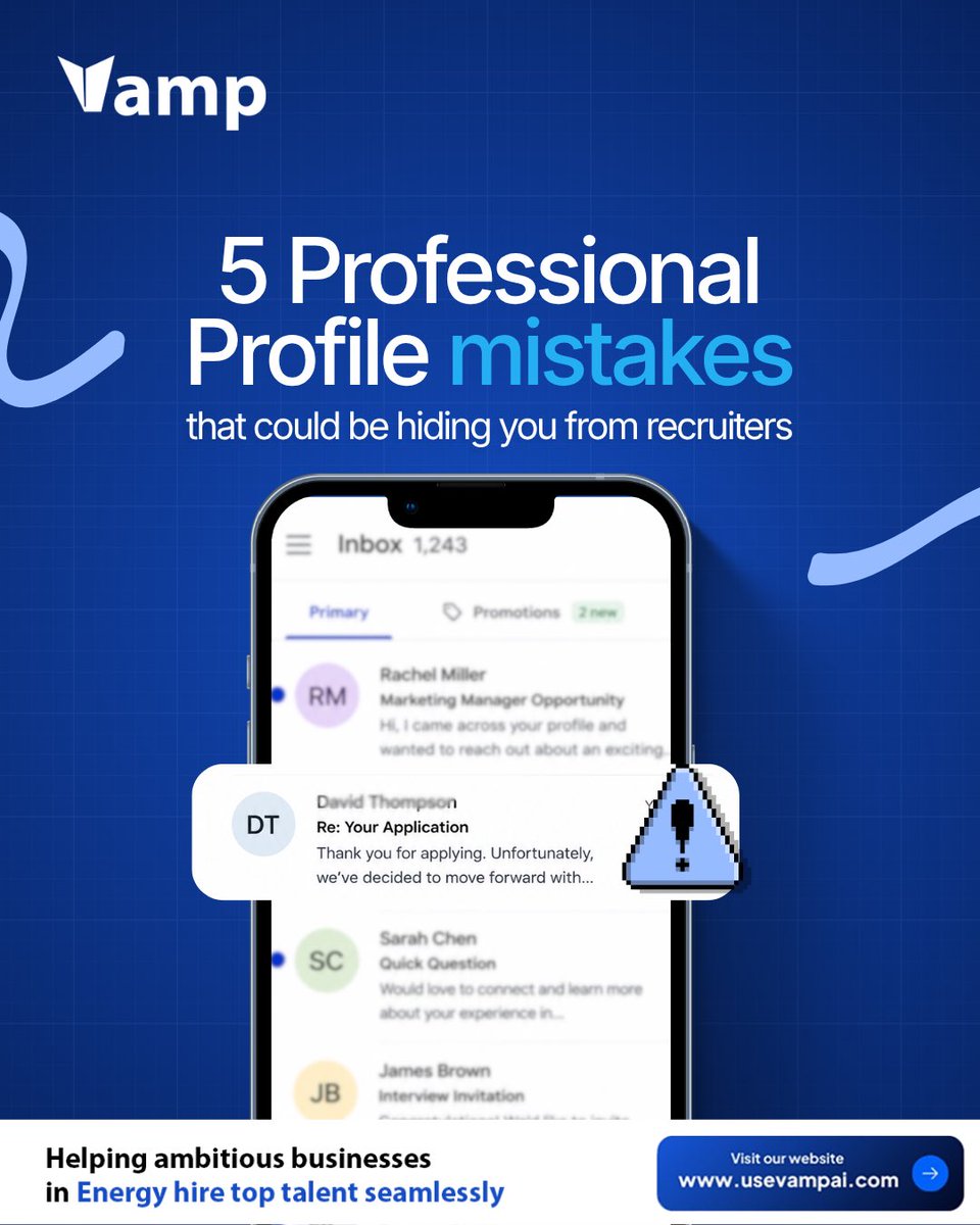 usevampai's tweet photo. Your professional profile could be hiding you from recruiters without you realizing it. 

From a weak headline to missing keywords and proof of your skills, small profile mistakes can cost you opportunities. Make your profile work for you.

Ready to make your profile recruiter ready? 
👉 Sign up on VampAI and position yourself for your next opportunity. 

https://t.co/lsawd6tieP 

#CareerTips #JobSearch #ProfessionalBranding #VampAI