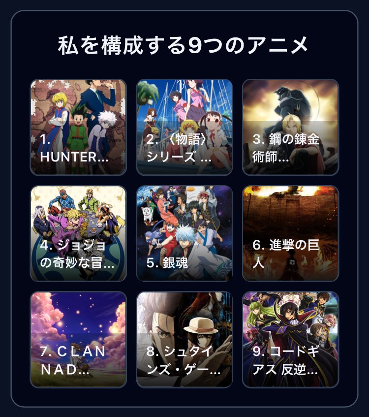 ChoMogi_'s tweet photo. 自分を構成するアニメ9個も無かったから好きなアニメ入れてみたら見た目浅そうすぎる https://t.co/iU9hpvKy9R