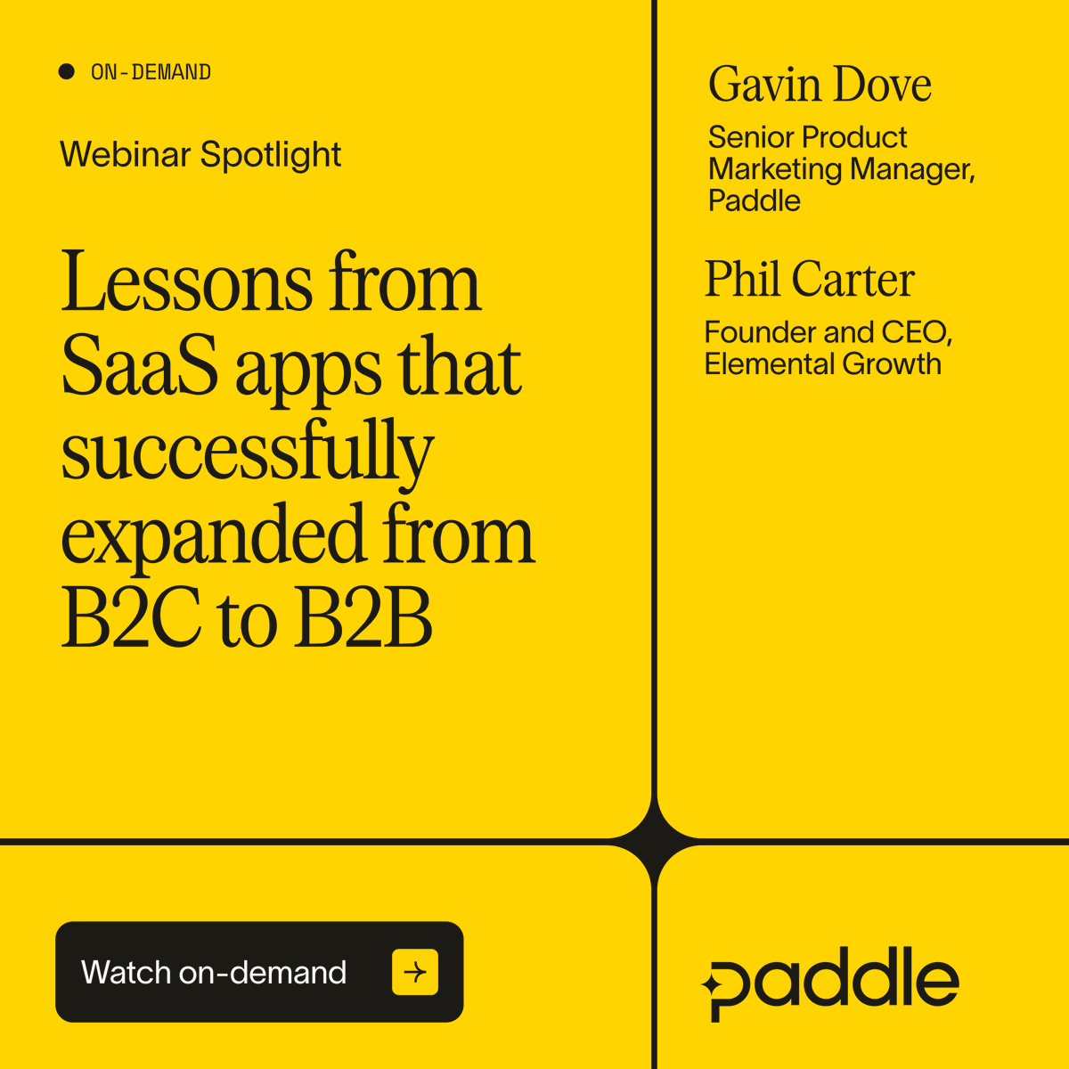 PaddleHQ's tweet photo. Some of the biggest SaaS companies started with consumers.

Grammarly (@Superhuman), @calm, @canva, @NotionHQ and others later expanded into B2B, but going upmarket changes a lot more than who you sell to.

Gavin Dove and @philgcarter explore what changes across pricing, retention, acquisition and GTM, and what to validate before making the move.

Watch on demand: https://t.co/8gLETLLJb6