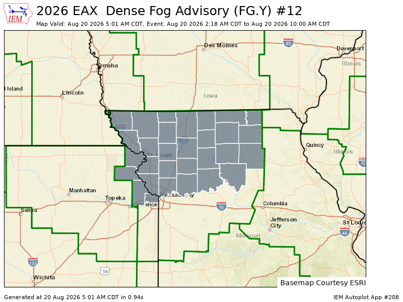iembot_eax's tweet photo. EAX updates Dense Fog Advisory (expands area to include 4 zones, continues 26 zones) till Aug 20, 10:00 AM CDT https://t.co/bgqfJoLwJX https://t.co/aQaV4AhwDE