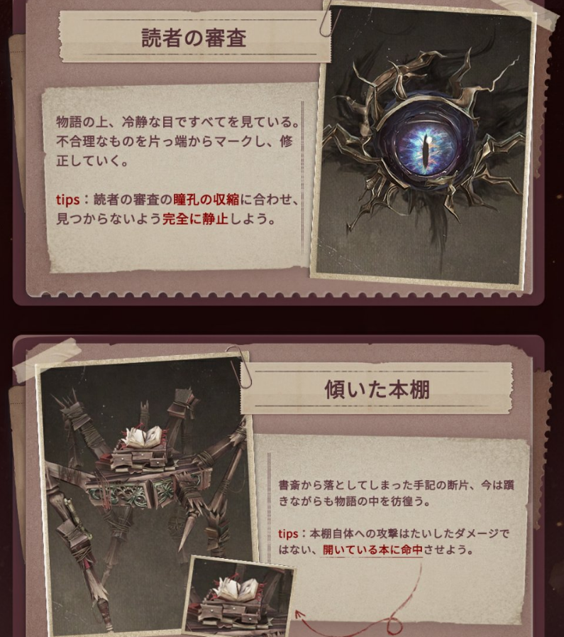 mori_identity's tweet photo. 【手記の加筆】異象（敵）メモ
　　　　　　　Source：水布吖さん

✦ 災いの女（ナイチンゲール）
・大事：誘導して4本の柱を破壊させること
・第2段階（顔が露出する時）になると、倒れた柱の場所に金色の小鳥が出現する。これを倒せばボスに大ダメージと硬直を与えられる
・柱を2本だけ壊させてから、板の上に立ってボスをスタックさせる戦法も可能。第2段階でも同様にまず金色の小鳥を倒し、再び板でハメ直せばよい

✦ 読者の審査（目）9：57くらいに出る
・大事：だるまさんがころんだ
・目が縦長になり、画面に触手エフェクトが出ている間は動いてはいけない
・動いてはいけない時は気付けの箱を閉じる必要があります。気付けの箱を開けたまま動かずにいても攻撃を受けます

✦ 傾いた本棚
・頭上の本を叩くことでしか有効なダメージを与えられない
・高い場所に登ってから直接頭上に飛び降り、密着して本を叩くのがおすすめ（判定が入りやすい）
・本に一撃当てると弾き飛ばされるが（被ダメージは極小）、同時に無名の人形の変身に似た演出に入る。演出終了後に再び飛び乗って本を殴りすればOK（信仰なら本を2回叩けば倒せる）

✦ 拾遺の人形
・攻撃してはいけない。攻撃すると密室にテレポートされ、制限時間内に脱出できないと即死判定を受ける
・アイテムを渡すと別の場所にテレポートさせてくれる。金色のアイテムを渡すとより良い場所に飛ばしてくれる

✦ 読者の���測（ヘドロ）
・ド���で引っ掛けて足止めする（ドアを開けられない）
・パフォーマンスを見届けると自動的に消滅する
・まとわりつかれると減速効果を受ける
