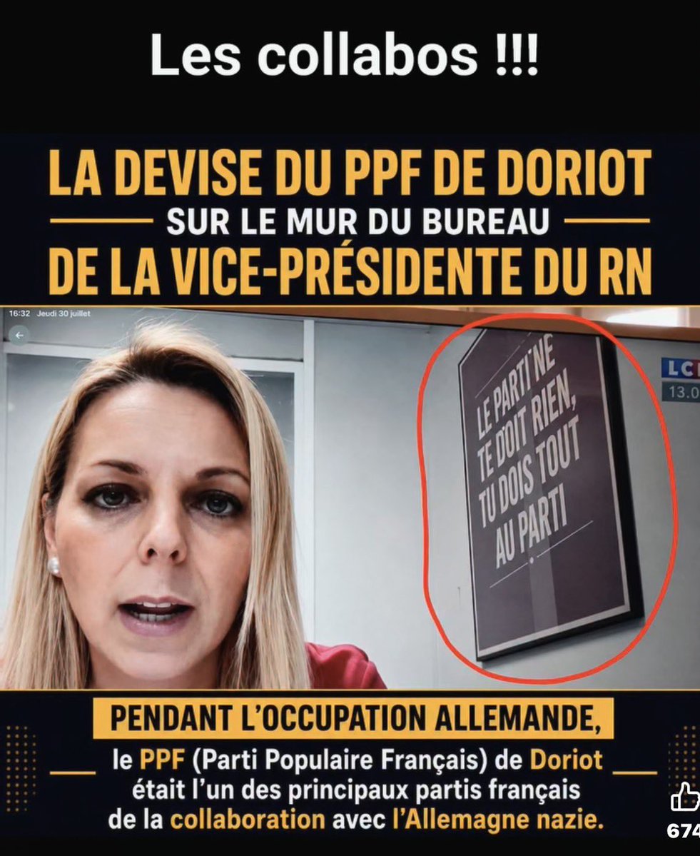 VPatriote's tweet photo. Toujours aucune condamnation de la part de Marine Le Pen concernant la présence de la devise de Doriot dans le bureau de la vice présidente du RN. Elle le paiera dans les urnes! https://t.co/fefCL6b2nX