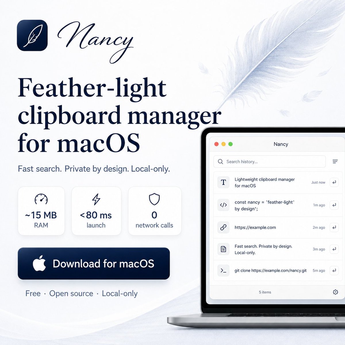 NancyClipboard's tweet photo. Text, links, commands, snippets. Open Nancy, type a few characters, hit Enter. Lightweight. Open source. No fluff.