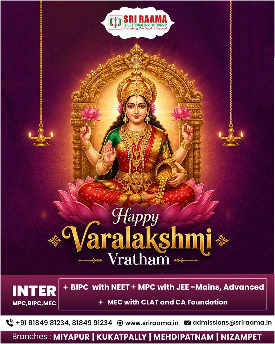 sriraamaeduinst's tweet photo. Happy Varalakshmi Vratham! 🙏

May Goddess Lakshmi bless you and your family with happiness, prosperity, good health, and success.
Warm wishes from Sri Raama Educational Institutions.

#HappyVaralakshmiVratham #VaralakshmiVratham #VaralakshmiVratam #GoddessLakshmi #Prosperity https://t.co/NM7DM877rJ
