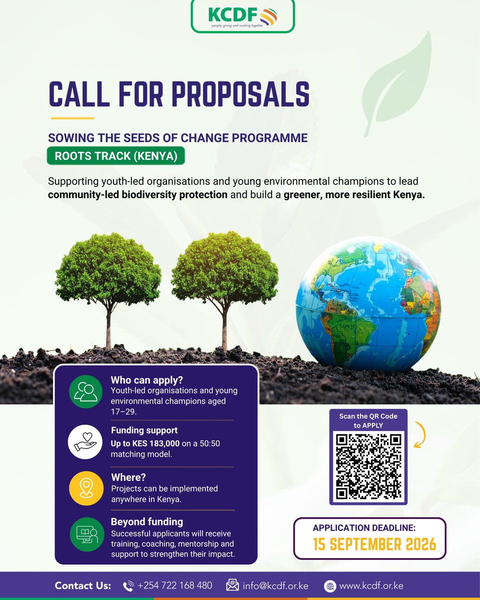 KCDF's tweet photo. KCDF is inviting applications for the Sowing the Seeds of Change Programme – Roots Track, a grant opportunity supporting youth-led initiatives advancing community-based environmental action

📅 Application Deadline: 15 Sept. 2026

Click the link to apply: https://t.co/JIrUJVP1LC https://t.co/zKjiGRYwKy