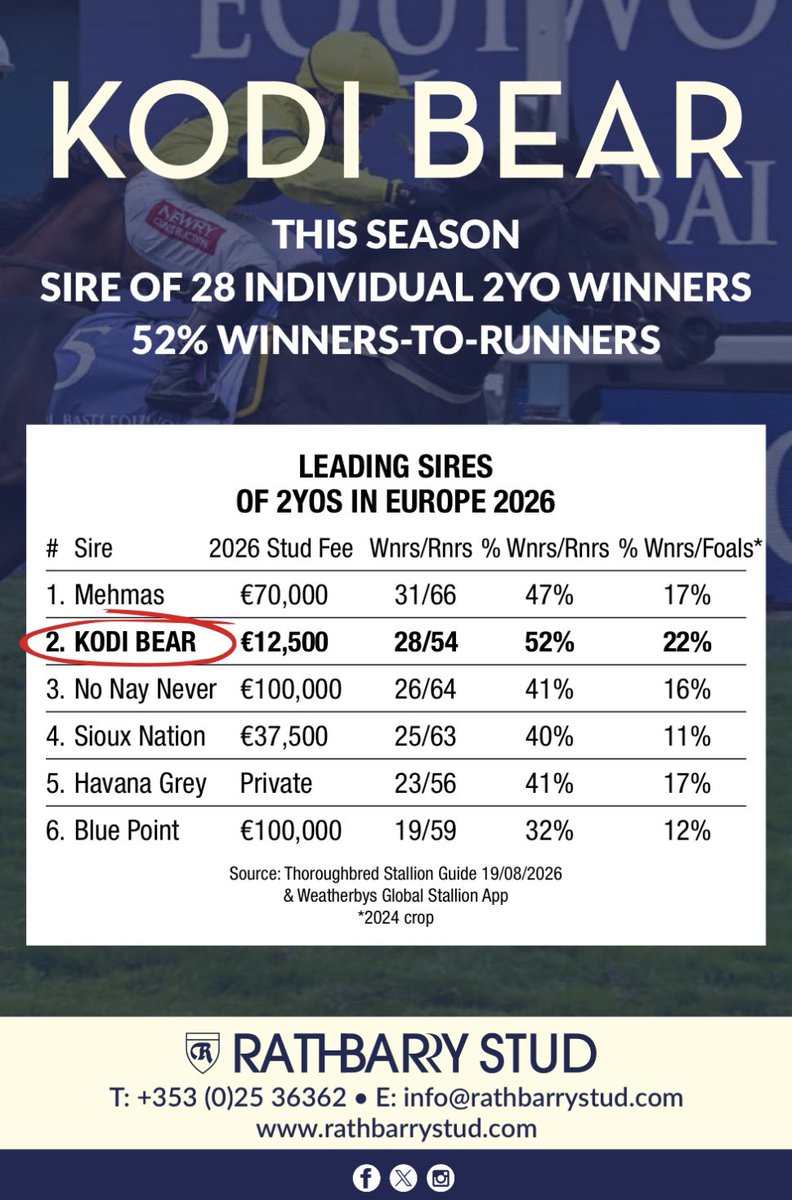 bloodstocknews's tweet photo. The numbers speak for themselves 👇

@RathbarryStud’s KODI BEAR has sired 28 individual 2YO winners this season, with an impressive 52% winners-to-runners 💥 

That puts him 2nd among Europe’s leading sires of 2YOs in 2026 - on a €12,500 stud fee 👀 

➡️ https://t.co/036rYIvU42 https://t.co/ZG00QI0ifT