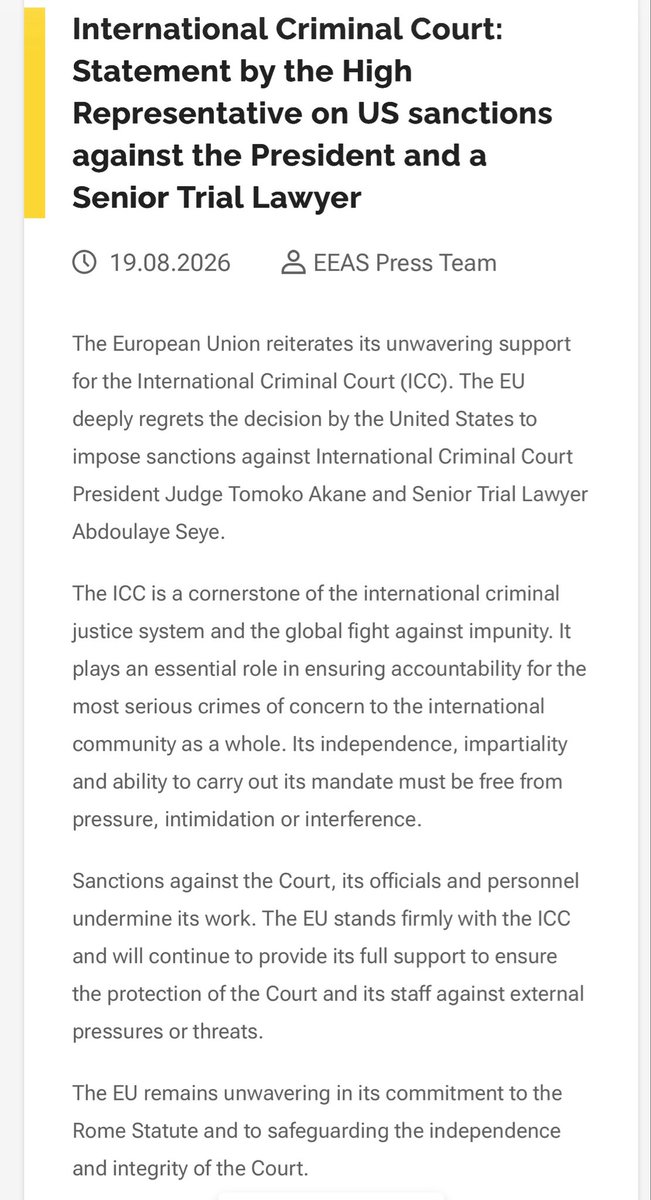 aseisfree's tweet photo. The EU “deeply regrets” Trump’s sanctions on ICC officials. Regret costs nothing. The blocking statute could neutralize them overnight but Brussels won’t use it. Dutch banks are too scared of US retaliation.

Champions of the “rules-based order,” held hostage by their own banks.
https://t.co/HTzDtVcVVi