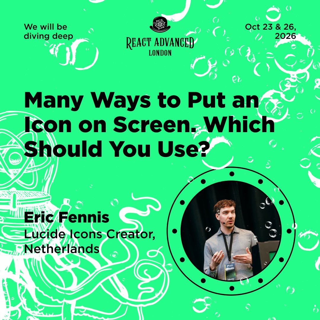 ReactAdvanced's tweet photo. There are a surprising number of ways to put an icon on screen. 🖼️ @EricFennis, creator of Lucide Icons, breaks them all down at React Advanced London.

🎟️ React Advanced, Oct 23 &amp; 26, 2026 — grab a ticket while they last. https://t.co/gRI6U5KFiI