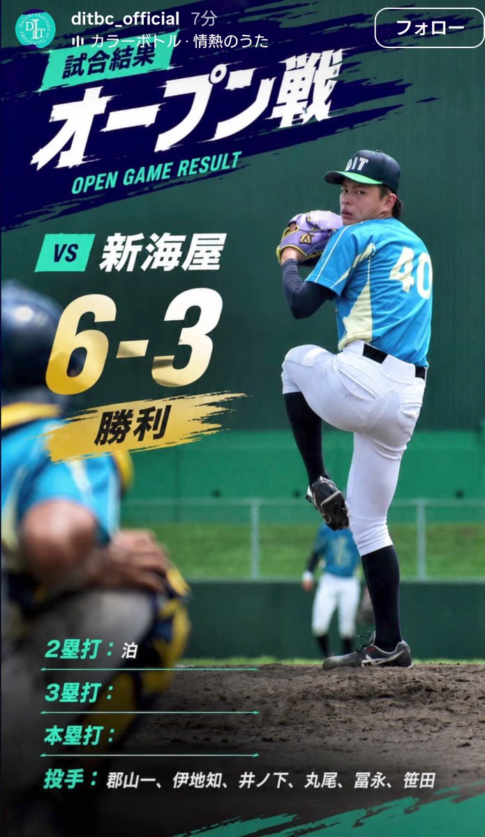 dku2023's tweet photo. 【試合結果】
📢 夏季オープン戦
🆚 #新海屋

新海屋　000 001 011 = 3
一工大　010 320 00☓ = 6

投打が噛み合い勝利する事が出来ました🎉応援ありがとうございました🫡

#ＤＩＴ
#第一工大
#第一工科大学
#変わることを恐れな�� https://t.co/NHn8maaz5f