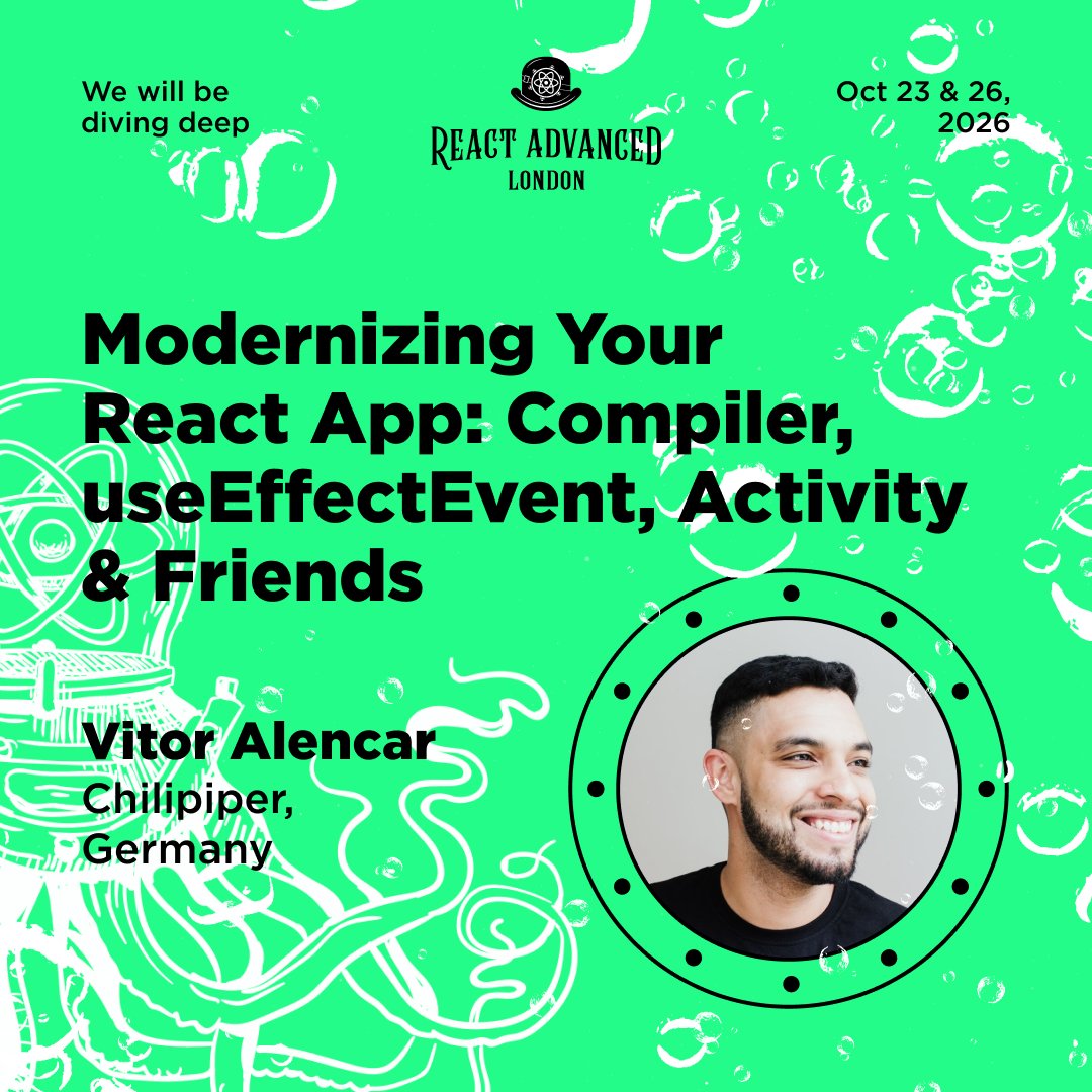 ReactAdvanced's tweet photo. The React Compiler is here — is your app actually ready for it? @vitormalencar walks through modernizing React apps with the compiler and friends, at React Advanced London.

🎟️ Get compiler-ready at React Advanced, Oct 23 &amp; 26, 2026. Tickets live now. https://t.co/R3gFm1SHSw