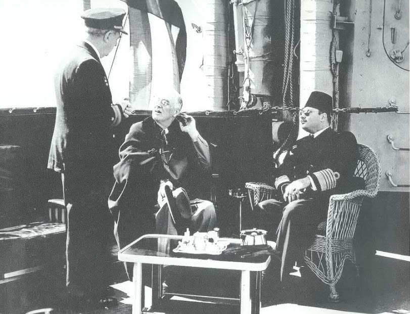 USEmbassyCairo's tweet photo. The legendary meeting that wrote a brand new chapter in U.S.-Egypt relations 📷📷! In February 1945, President Franklin D. Roosevelt traveled to Egypt for a historic summit aboard the USS Quincy in the Great Bitter Lake of the Suez Canal. Roosevelt welcomed Egypt’s young monarch, King Farouk I, on board. This warm conversation laid the cornerstone for the deep strategic and political partnership of the post-WWII era  - a celebrated diplomatic milestone.