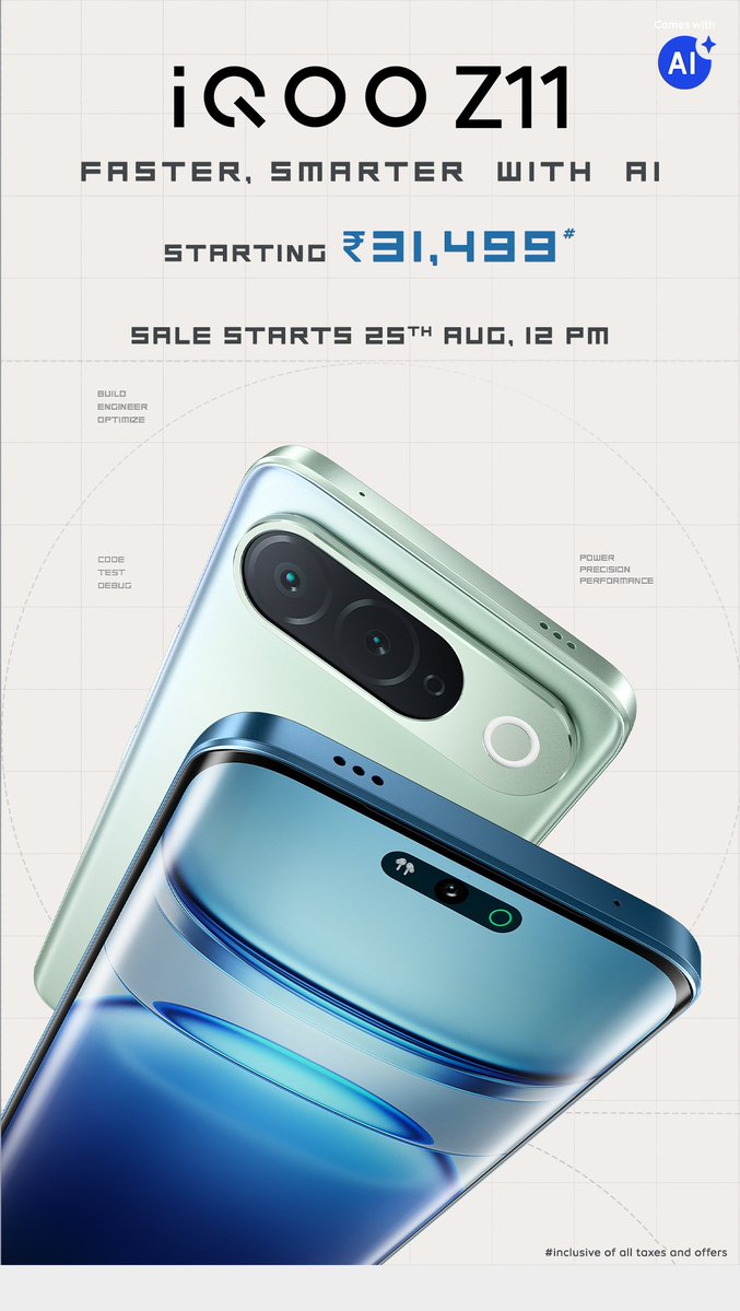 vinishkeshri's tweet photo. #iQOO Z11 launched in India 🇮🇳

Price 💰 6GB+128GB: ₹34,999

Specs:
📱 6.83" 1.5K 144Hz Visionox VM9 LTPS 3D Curved OLED Display, 3000nits Peak 🔆, 2000nits HBM
🦾 Dimensity 7500 Turbo
💾 LPDDR4X + UFS 3.1
📸 50MP IMX882 (1/1.95") + 8MP UW
🤳 32MP GC32E1
🔋 7050mAh
🔌 44W

🧵1/2 https://t.co/wEJMT5IswQ