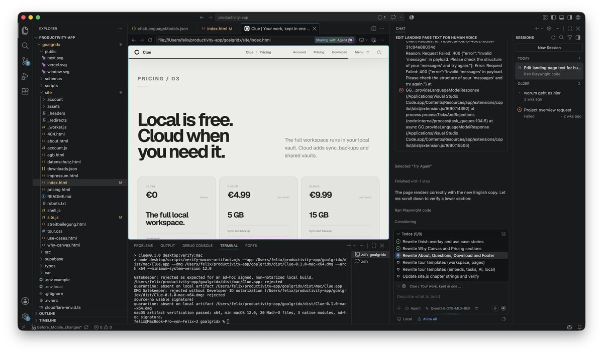 FelixSlz_'s tweet photo. Yesterday I worked a lot with Qwen 3.8 27b and I was amazed that I visually checked its changes without me even asking https://t.co/J0B6byLvnt