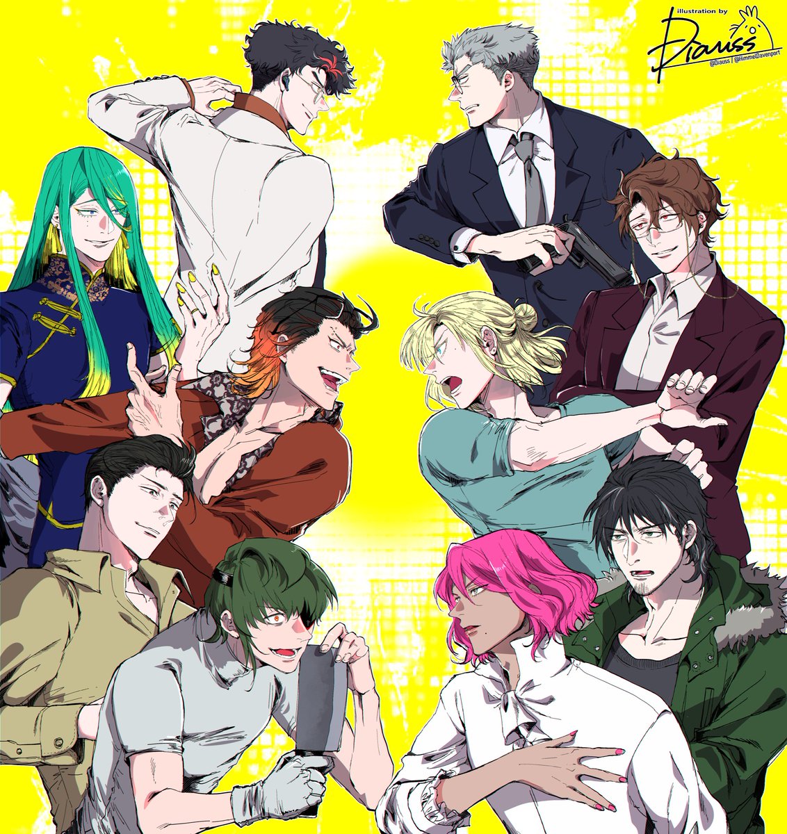 Diauss's tweet photo. 素敵な構図素材さんアレンジしたディアウス家探索者たち！前々から四天王と新四天王っていかにも善悪対決だよな…と思っていたので並べたんだが　レヴィさん一人で浮くし、中之島がイキイキとしすぎて笑った https://t.co/gLE2c46uJ8