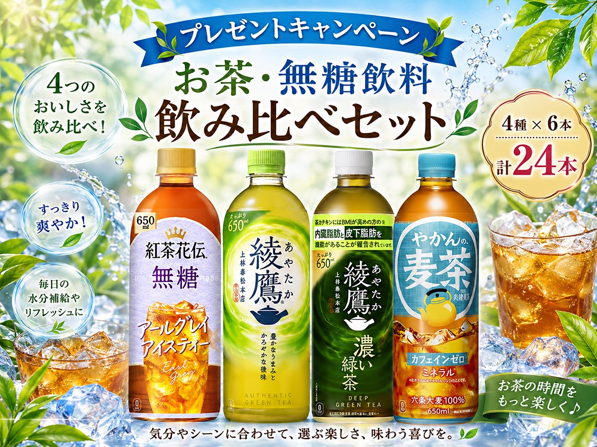 JPGREEN_JP's tweet photo. 🌟＼🥃#プレゼントキャンペーン  🥃／🌟
 🙌#その場で当たる 

「お茶・無糖飲料 飲み比べセット 4種×6本 計2⃣4⃣本」
🎲抽選で5名様にプレゼント🎁

それぞれ違った味わいを楽しめる贅沢セット🍃

👇応募👇
💭本アカウントを #フォロー
💭この投稿を #RT
🗓️締切：8/26

#懸賞 
#キャンペーン実施中 https://t.co/cTKiKJgqdr