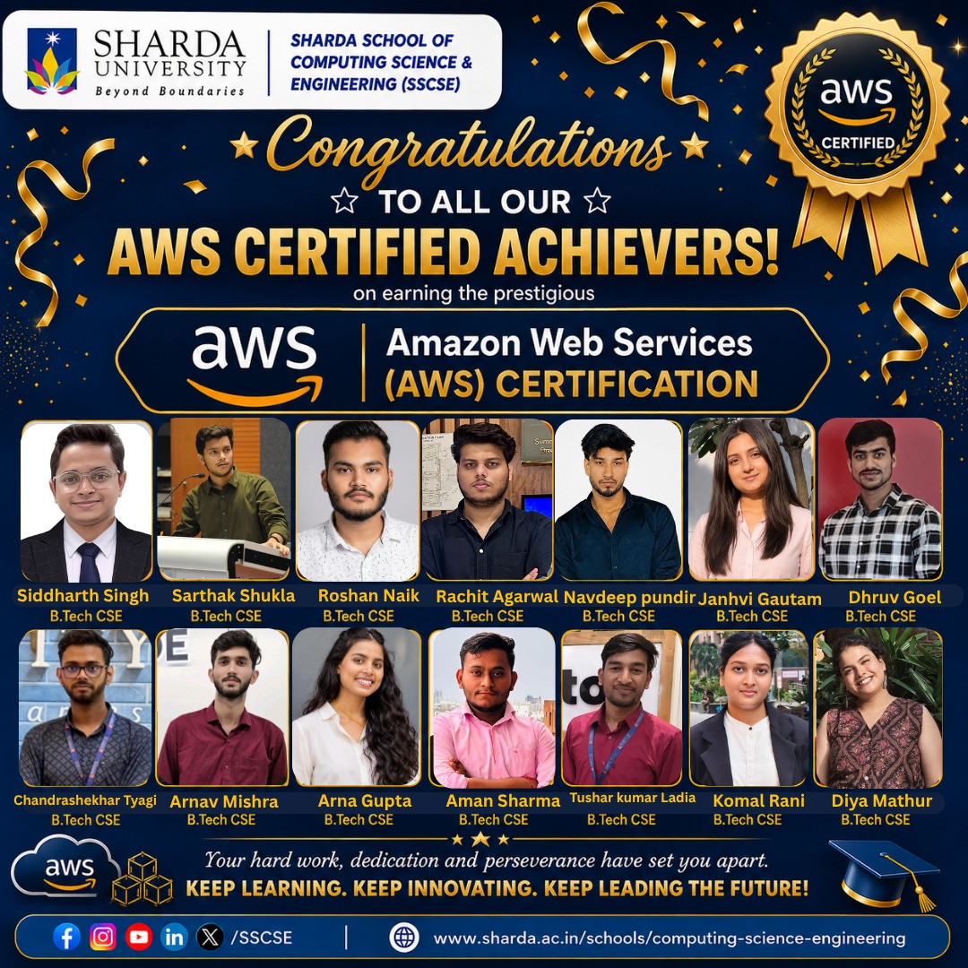 ShardaSSCSE's tweet photo. 🏆 Congratulations to our AWS Certified Achievers! Siddharth Singh, Sarthak Shukla, Roshan Naik, Rachit Agarwal, Navdeep Pundir, Janhvi Gautam, Dhruv Goel, Chandrashekhar Tyagi, Arnav Mishra, Arna Gupta, Aman Sharma, Tushar Kumar Ladia, Komal Rani &amp; Diya Mathur. 🎓☁️ #SSCSE https://t.co/MoemjQEANG