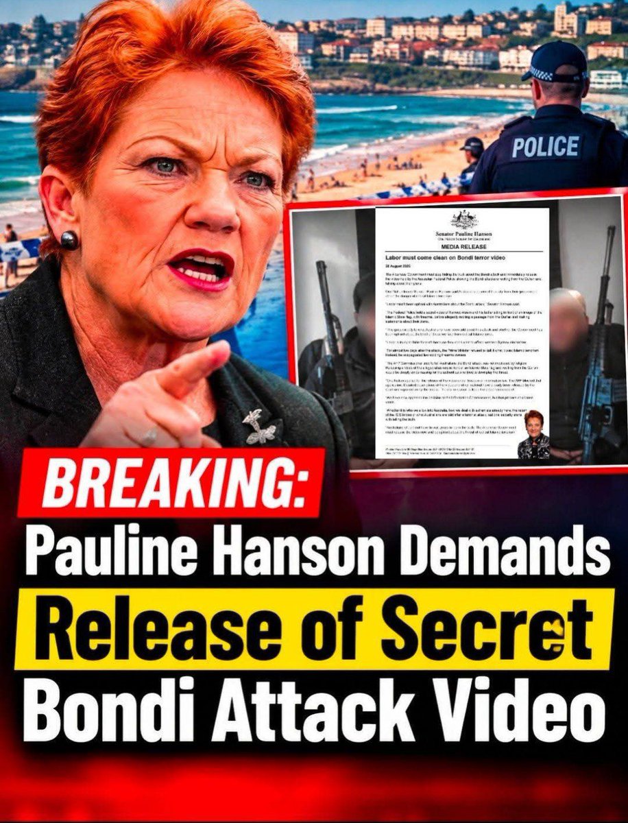 JimThom90458694's tweet photo. BREAKING: Pauline Hanson Demands Release of Secret Bondi Attack Video

Pauline Hanson is demanding that the Australian Federal Police release an alleged video linked to the Bondi attack, saying Australians deserve greater transparency about the case. The AFP has not released the video, and the matter is reportedly under review.