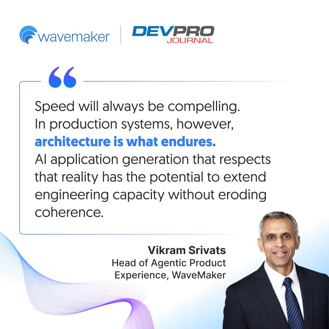 WaveMaker's tweet photo. In his latest @DevProJournal  piece - https://t.co/KdJMcR0bqM, Vikram Srivats, our Head of Agentic Product Experience, explores why AI app generation needs design, discipline, and determinism to scale.
See how we put this into practice →https://t.co/KhmK7C9NKg https://t.co/nfX1hUxeXQ